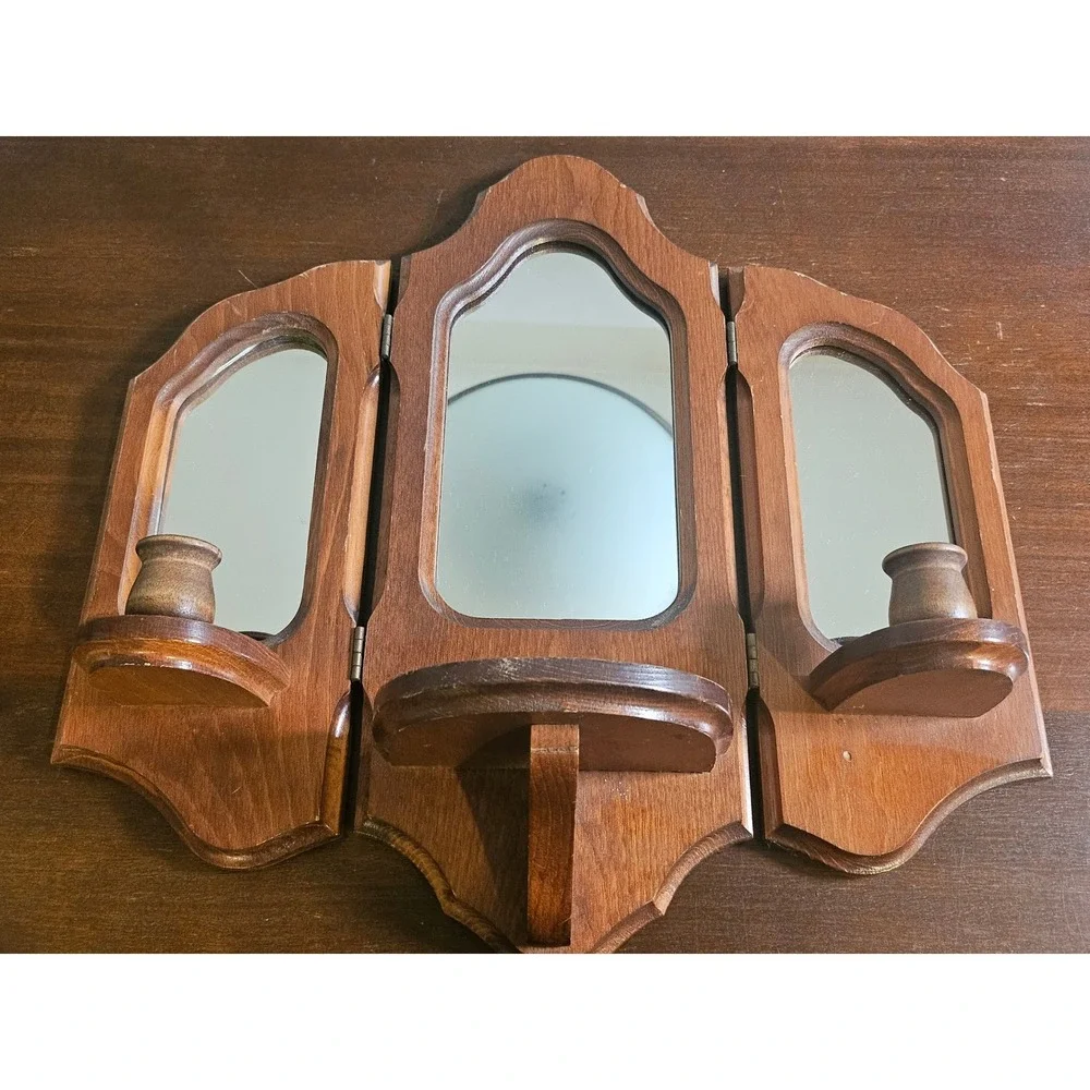 Triptych Wall Mirror Home Decor Brown Wood Folding Candle Sconce Shelf